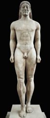 Formal Analysis: Anavysos Kouros, Archaic Greek, 530 BCE, marble, #27
 
Content:
-kouros--male statue
-larger than life (6'4" tall)
-inscription around the base--invites visitors to stay and morn Krousos
-textured hair
 
Style:
-stylized hair--geo...