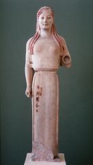 Formal Analysis: Peplos Kore from the Acropolis in Athens, Archaic Greek, 530 BCE, marble, #28
 
Content:
-kore--female statue
-missing left arm
-stylized hair
-goddess
 
Style:
-subtractive technique
-painted
-stylized hair
-becoming more natural...