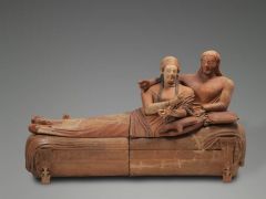 Formal Analysis: Sarcophagus of the Spouses, Etruscan, 520 BCE, terra cotta, #29
 
Content:
-funerary statuary
-a couple on top (the couple put in the tomb)
-well to do Etruscan couple
-ashes in the tomb, not bodies
-terra cotta
-split into 4 sect...