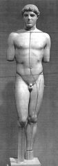 The relaxed natural pose, or "weight shift", first introduced in Greek sculpture in 480 B.C.E. First used in Kritios Boy, contrapposto separates Classical from Archaic Greek statuary. 