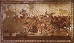 Images composed of small pieces of colored glass or stone.

i.e.) The Alexander Mosiac depicts Alexander the Great pursuing Darius III at the Battle of Issus. Romans often used mosaics to decorate their floors.