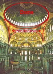 The concave triangular section of a vault that forms the transition between a square or polygonal space and the circular base of a dome. Pendentives, or dome suports, enabled Byzantine architects to construct the dome for Hagia Sophia.
