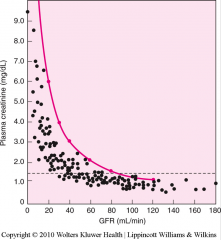 *Red line = idealized inulin-like clearance.
*Dots = actual CREATININE clearance.
*Creatinine slightly OVERestimates GFR.