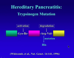 Autosomal dominant, young age => recurrent acute pancreatitis
 
Degradation in C-terminus (mutation is here and degradation is inhibited => recurrent pancreatitis)