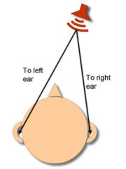 sounds coming from 1 side of the head will arrive at the ear on that same side first; sounds arriving to the middle will arrive at both ears at the same time; used to locate sound sources; information is sent to the parietal lobe