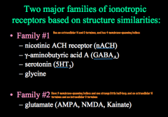 Family 1 looks like nicotinic ACh receptors

Family 2 includes all the subtypes of glutamate receptors.

Both families have 4-5 subunits composing a pore.
-Family 1 has 4 membrane spanning domains
-Family 2 has only 3 membrane spanning domains, and 