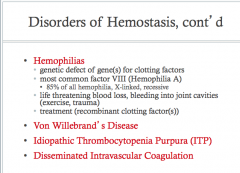 Recessive pattern of inheritance.

The most common form of hemophilia is hemophilia A, which is due to a lack of Factor VIII.

Hemophilia A is treated with synthetic or recombinant factor VIII.