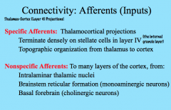 The thalamocortical (thalamus to cortex) projections project densely on stellate cells in Layer IV (internal granule layer) topographically.