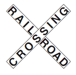 X-shaped white RAILROAD CROSSING sign