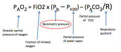 Alveolar to arterial gradient = PAO2 - PaO2 (measured)
- Normal: <10-50 torr (varies with age)

PAO2 = FiO2 * (Pb - Ph2o) - (PACO2 / R)

FiO2 = fraction of inhaled O2
Pb = barometric pressure
Ph2o = partial pressure of water vapor
PACO2 = ...