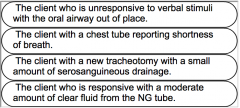 Strategy: All clients are unstable because they are in the PACU. Use
ABCs the real vs potential
(1) unexpected outcome, airway issue and real. Most unstable. see first.
(2) unexpected, breathing issue, real; see second.
(3) expected outcome airwa...