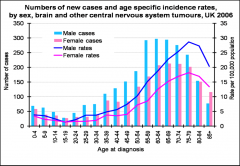 - Intracranial tumours account for approximately 2% of all cancer diagnosis

- Small peak in incidence in early childhood and major peak in people in their 60s to 70s
-> Main cause of death in children (after accidents)

- Gender differences:...