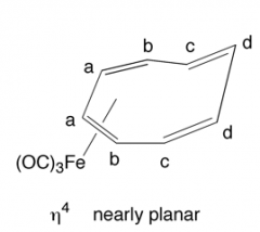 Reaction of iron carbonyls with cyclooctatetraene gives 

η4 Fe(CO)3(C8H8). the COT ligand is not planar but more so than the free state. Why is there only 1 H NMR peak?