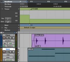 The picture below shows a tempo change in the tempo editor. If the tempo is lowered, what will happen to the MIDI shown in the sample-based MIDI track?
A:The MIDI clip will retain its absolute position and duration 
B:The MIDI clip will move to re...