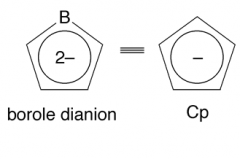 A BH- unit is isoelectronic with CH. So can replace CH's by BH-, e.g. instead of Cp could have C4H5B 2-
