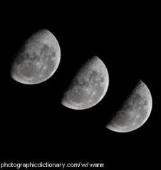 Definition: (of the moon) have a progressively smaller part of its visible surface illuminated, so that it appears to decrease in size.
Synonym:decrease 
Antonym: increase 
Picture: