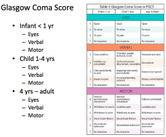Glasgow Coma Scale (GCS)
- Eyes = out of 4
- Verbal = out of 5
- Motor = out of 6