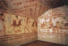 Formal Analysis: Tomb of the Triclinium, Tarquinia, Italy / Etruscan, 480-470 BCE, plaster and paint, #32
 
Content:
-plastered surfaces to be painted
-gorgeous decorations
-130" in diameter, 150" tall--massive
-banqueting couples
-celebratory cou...