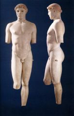 Formal Analysis: Kritios Boy, Classical Greek, 480 BCE, marble
 
Content: 
-2'10"
-relaxed human pose--contrapposto pose
-natural muscle definition
 
Style:
-classical greek moves into realism