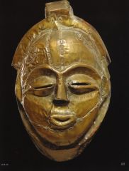 Masks
Kota-Obamba
Gabon
19th/20th century
Wood, polychrome paint and wood, brass

The Kota also had masks, but their reliquaries are much more famous. Fin-like crest. This second mask has the same extensive use of brass as in the reliquaries. 