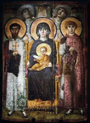 #54
Virgin (Theotokos) and Child between Saints Theodore and George
- Early Byzantine Europe
- 6th or early 7th century CE
 
Content:
-Virgin Mary and child
-gold halo
-Saints on either side
-angels at the corners
-in apse of Hagia Sophia
-Christ ...