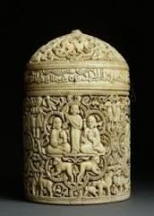 #57
Pyxis of al-Mughira
- Umayyad Dynasty
- c. 968 CE
 
Content:
- gift
- belonged to al-Mughira
- calligraphic Islamic writing
- motifs and smbols o royal power
- carved ivory