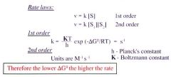 








h: Plancks' constant


K: Boltzmann constant


T: Temperature


R: Gas constant


 


Units: s^-1


 


*Lowe the delta G, higher the rate
