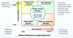 Leadership Grid Components:
- Authority-Compliance (9,1) 
- Country Club Management (1,9) 
- Impoverished Management (1,1)  
- Middle-of-the-Road Management (5,5) 
- Team Management (9,9) 
- Paternalism/Maternalism
(1,9; 9,1) 
- Opportunism...