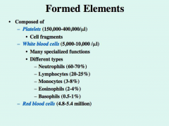 45% of blood
*Cells and cell fragments
*99% of formed elements are Red Blood Cells
*1% is White Blood Cells and fragments


