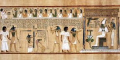 #24
Last judgement of Hu-Nefer, From his tomb (page from the Book of the Dead)
- Egypt
- New Kingdom - 19th Dynasty
- 1,275 BCE
 
Content:
- section of a painted papyrus scroll
- about 70 ft long
- pharaoh Hu-Nefer led by the god Anubis to the sca...