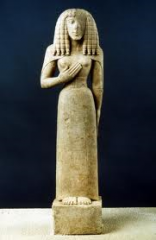 Lady of Auxerre Kore
- Archaic Greek
- 650 BCE
 
Content:
- "kore" sculpture of a young woman
- limestone
- 2.5 ft. tall
- might be a representation of a goddess
- might be a common individual
 
Style:
- rigid pose except for the movement of one a...