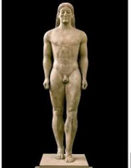 #27
Anavysos Kouros
- Archaic Greek
- 530 BCE
 
Content:
- sculpture of a young boy
- greek war hero
- marble
- 6 ft 4in tall
 
Style:
- pose similar to Egyptian sculpture
- rigid upper body with one foot stepping forward
- proportions of the body...