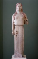 #28
Peplos Kore from the Acropolis
- Archaic Greek
- 530 BCE
 
Content:
- sculpture of a goddess
- clothing identifies her as a goddess
- missing left hand
- marble
- 4ft high
- traces of paint left
 
Style:
- kore (sculpture of a girl)
- naturali...