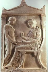 #36
Grave stele of Hegeso
- Artist: Kallimachos
- 410 BCE
 
Content:
- carved marble
- woman and her slave
- woman looking at jewlry box
 
Style:
- low relief
- seated woman is depicted larger than the slave
- representing power
- once painted
- i...