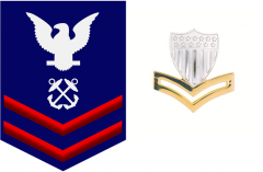 E-5 Petty Officer Second Class. Sleeve Insignia: zero two scarlet chevrons below zero white rating emblem below zero one white perched eagle on a field of blue. Collar Insignia: zero two gold chevrons below zero one silver coast guard shield.