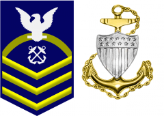 E-7 Chief Petty Officer. Sleeve Insignia: zero three gold chevrons below zero one white rating emblem below zero one gold rocker below zero one white perched eagle on a field of blue. Collar Insignia: zero one gold anchor behind zero one silver co...