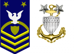 E-9 Master Chief Petty Officer of the Coast Guard Reserve Force. Sleeve Insignia: zero three gold chevrons below zero one gold shield below zero one gold rocker below zero one white perched eagle below zero two gold stars on a field of blue. Colla...