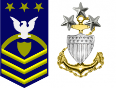 E-9 Master Chief Petty Officer of the Coast Guard. Sleeve Insignia: zero three gold chevrons below zero one gold shield below zero one gold rocker below zero one white perched eagle below zero three gold stars on a field of blue. Collar Insignia: ...