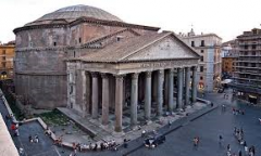 #46
Pantheon
- Imperial Roman
- 118 - 125 CE
 
Content:
- temple dedicated to all gods
- front of a traditional Greek temple
- back with a massive roman dome
 
Style:
- uses two separate styles
- front uses Greek influences
- colonnade and a pedim...
