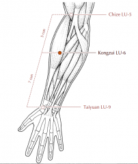 On the flexor aspect of the forearm, 7 cun proximal to Lu-9, on the line connecting Lu-9 with Lu-5.