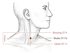 On the neck, at the anterior border of the sternocleidomastoid muscle, midway between St-9 and St-11.