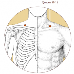 In the supraclavicular area, posterior to the superior border of the clavicle and at its midpoint, 4 cun lateral to the midline, on the mamillary line.