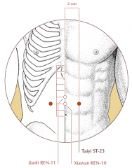 On the abdomen, 2 cun lateral to the midline and 2 cun superior to the unbilicus, level with Ren-10.