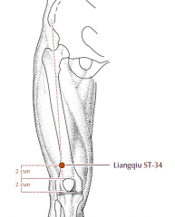 On the thigh, on a line drawn between the lateral border of the patella and the anterior superior iliac spine, in a depression 2 cun proximal to the superior border of the patella.