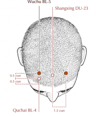 0.5 cun directly posterior to BL-4, 1 cun within the anterior hairline, and 1.5 cun lateral to Du-23.