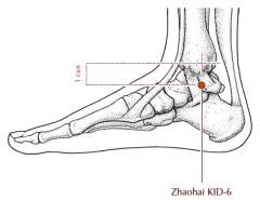 1 cun below the prominence of the medial malleolus, in the groove formed by two ligamentous bundles.