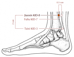 On the medial aspect of the lower leg, 2 cun superior to KD-3 and 0.5 cun anterior to KD-7, posterior to the medial border of the tibia.