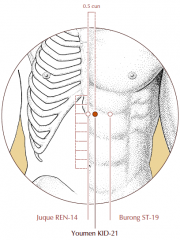 On the upper abdomen, 6 cun above the umbilicus, 0.5 cun lateral to the midline.