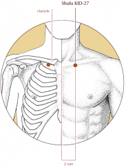 In the depression on the lower border of the clavicle, 2 cun lateral to the midline.