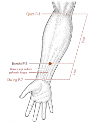 On the flexor aspect of the forearm, 3 cun proximal to P-7, between the tendons of palmaris longus and flexor carpi radialis.